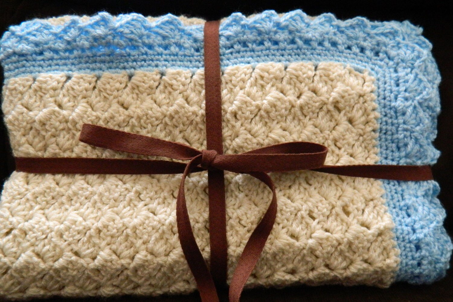 Crochet Baby Boy Crib Blanket in Cream and Baby Blue