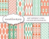 INSTANT DOWNLOAD - Ikat Teal and Coral Digital Scrapbook Papers 12 Pack - perfect for scrapbooking, stationary, invitations, and more Il_170x135