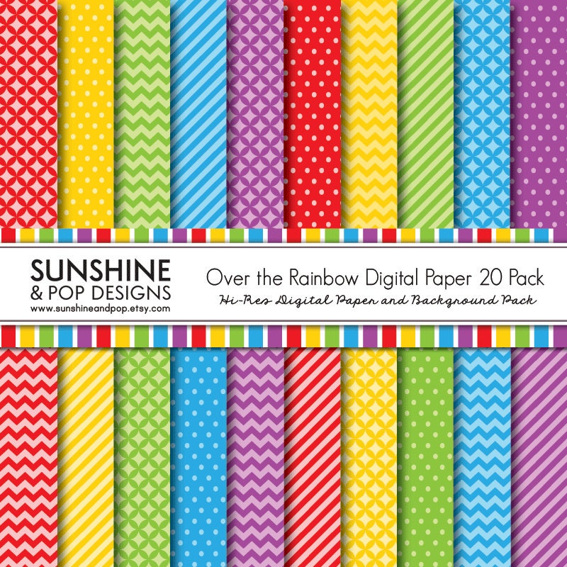 INSTANT DOWNLOAD - Rainbow Patterns Digital Paper Pack - 20 backgrounds polka dots chevron stripes for scrapbooking, invitations, art party Il_170x135
