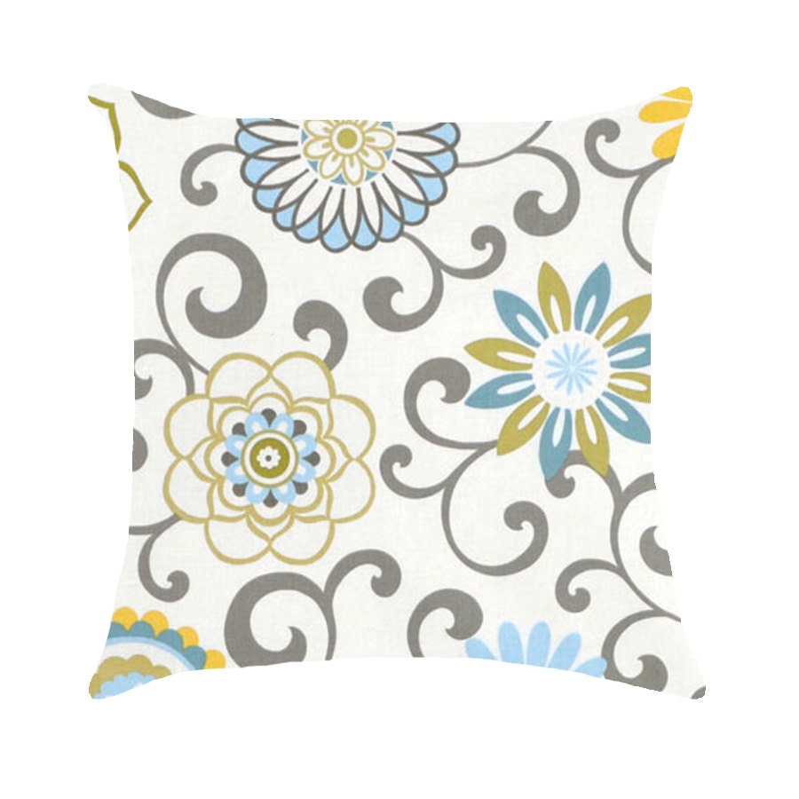 Throw Pillow Cover - Mod Flowers - Gray, White, Yellow, Light Blue