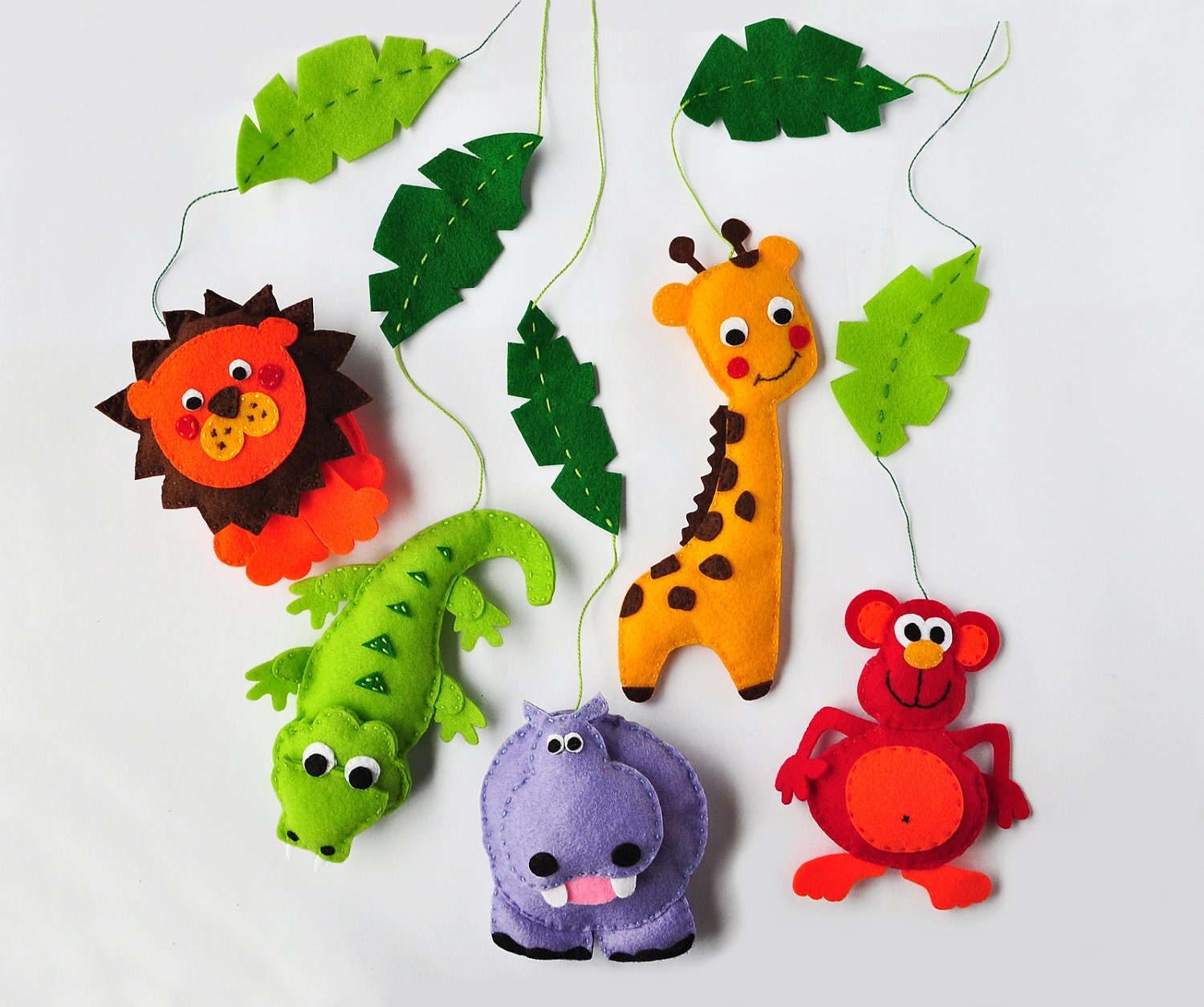 IKO Plush Jungle Baby Mobile - Crib Mobile - Nursery Jungle Mobile - Felt Mobile - Lion Monkey Giraffe Hippo Crocodile - Unique Baby Mobile