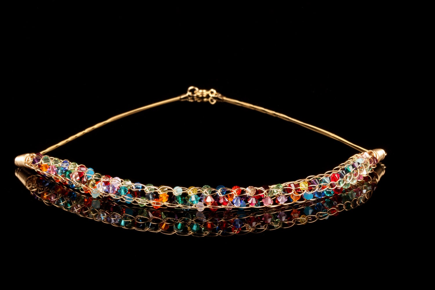Delicate Snake Necklace Colorful Swarovski  crystals crocheted 14K gold-filled wire