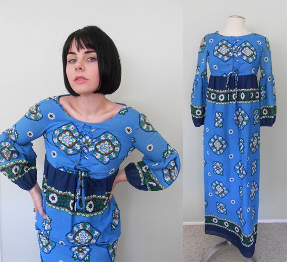 SALE Vintage 1960's Dress/ Maxi Dress/ Psychedelic/ Bold Print/ Paisley/ Lace up/ Corset Top/ Puff Sleeves/ Small