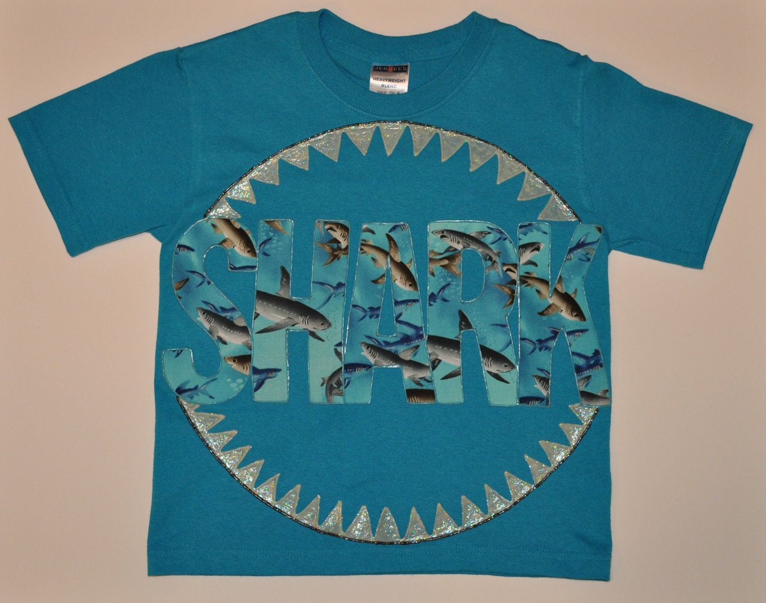 Glow in the Dark "SHARK" Shirt For Girl or Boy, With Glow in the Dark Teeth and Shark Fabric "SHARK", size 6-8
