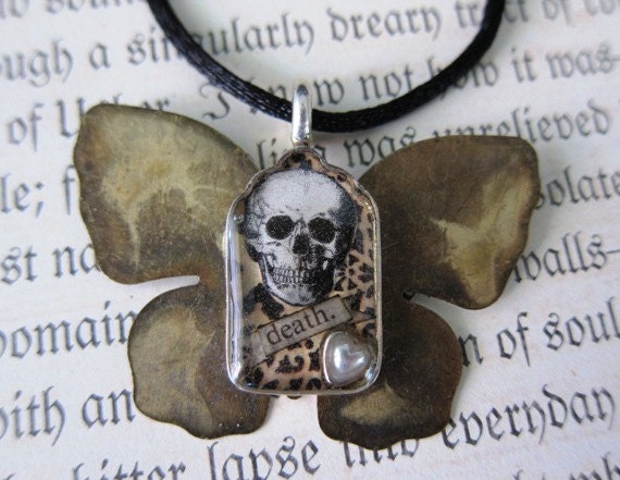 Death Skull wings tag charm necklace pendant