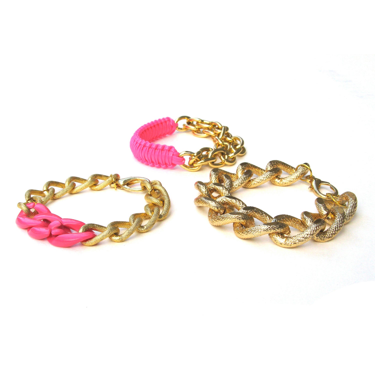 Arm Candy Set-Pink Chunky Gold Chain Bracelet Cobra Bracelet Plastic Chain Link Bracelet