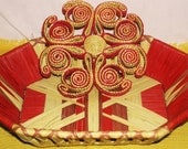 retro Red and Gold tan Basket Dish/ Tray & matching Trivet, crimson, Southwest home decor
