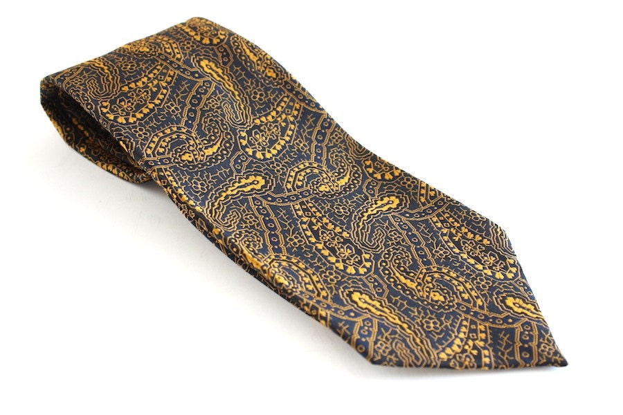 Wide Tie Vintage Necktie 1970s Retro Navy Blue & Gold Yellow Paisley Print Grenada Label Fat Tie Mens Accessories