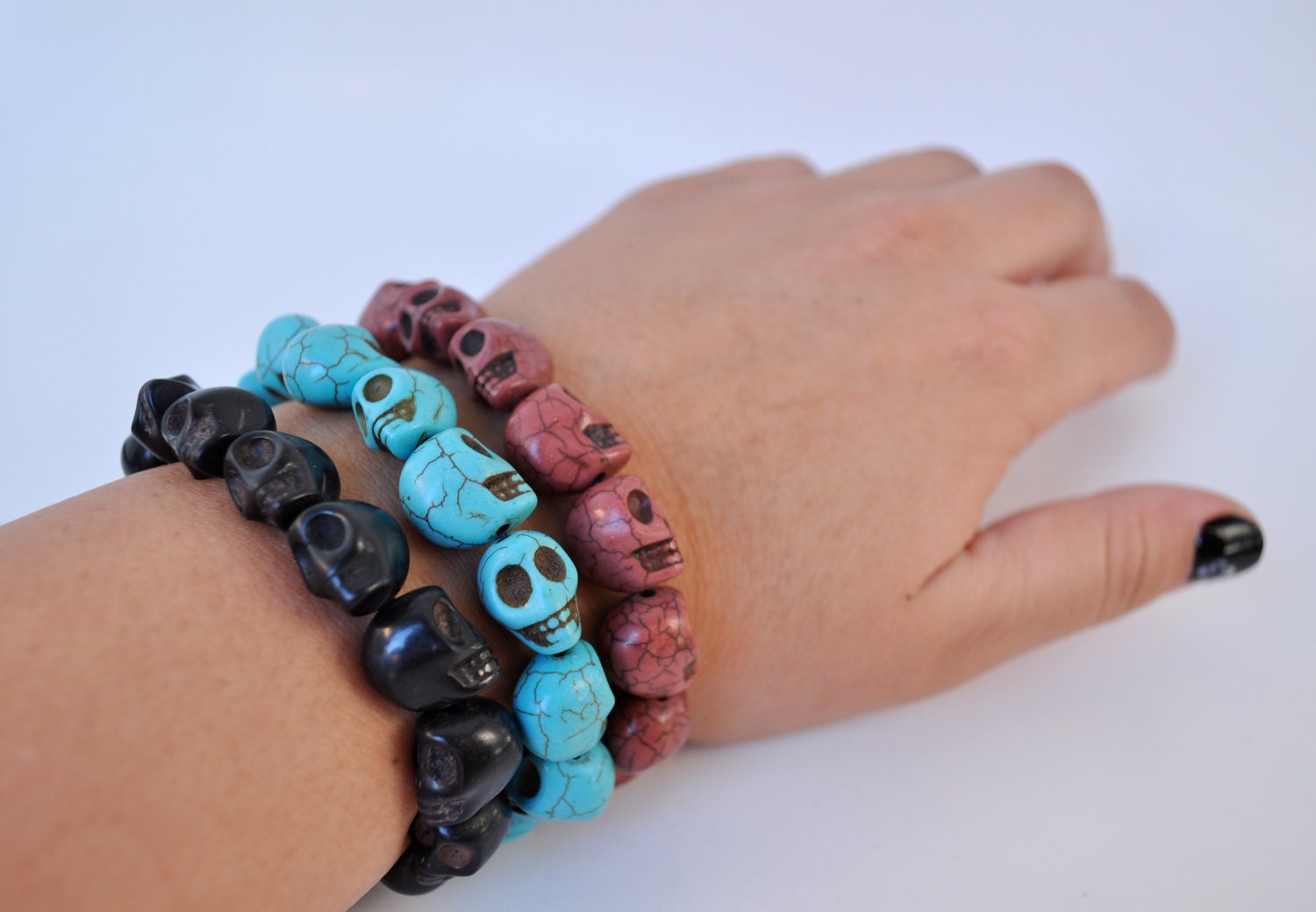 Skull Bracelet. Turquoise, black, rosy brown, or white.