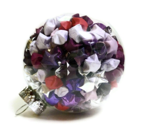 Origami Star Ornament: Round Glass Christmas Ornament Filled with Tiny Origami Lucky Stars