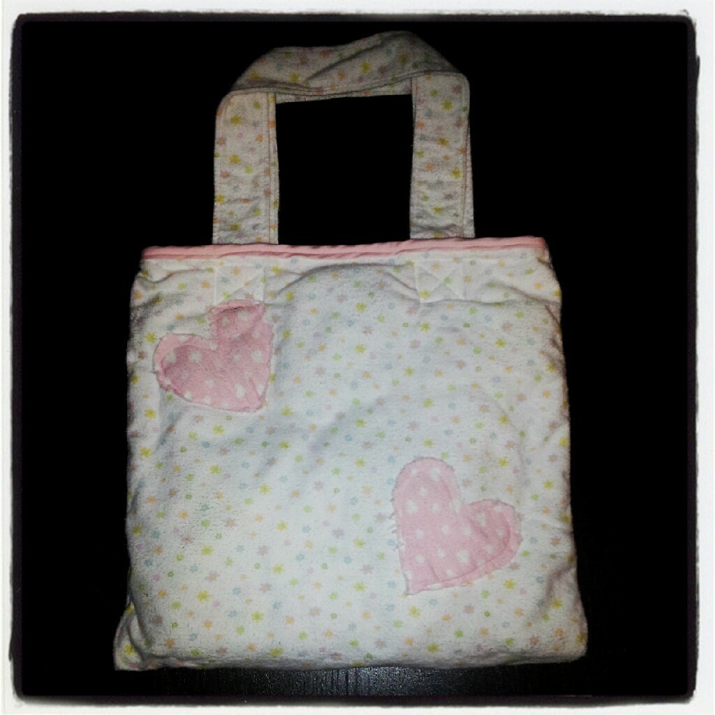 Repurposed, quilted, pink and blue flower patterned flannel tote/carry all
