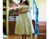 Custom Vintage Inspired Ivory / Cream Tulle Lace Pearls Strapless Tea Length Wedding Reception Dress