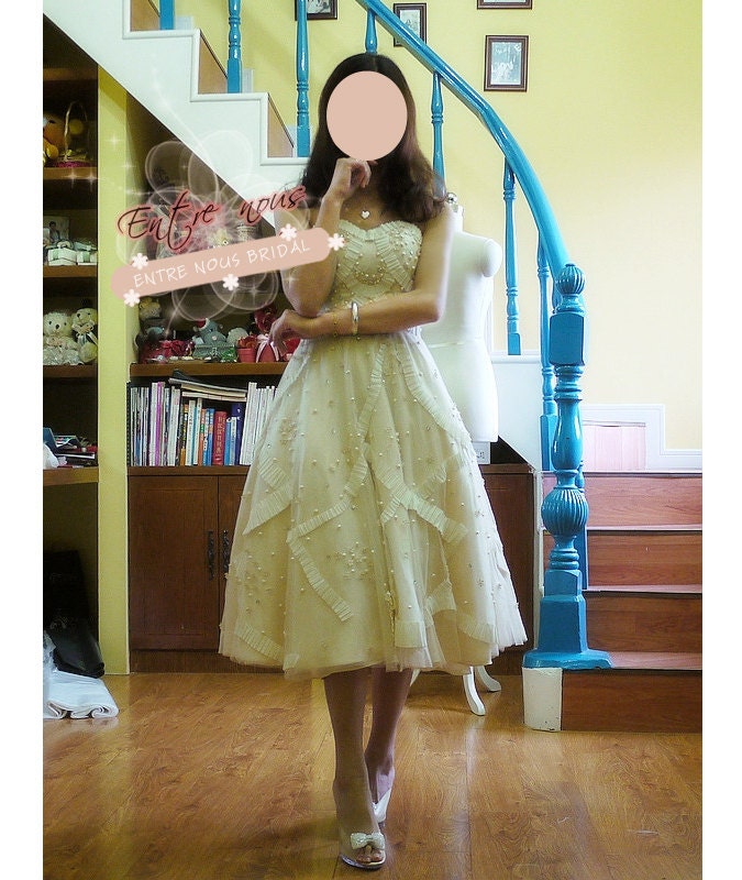 Custom Vintage Inspired Ivory / Cream Tulle Lace Pearls Strapless Tea Length Wedding Reception Dress