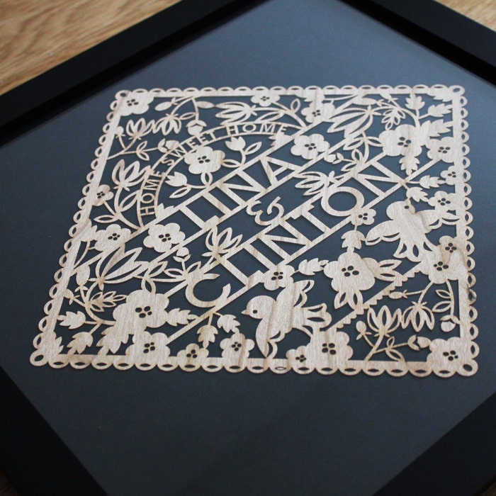 Personalized Floral Wedding Gift - Custom Laser cut with the name of Bride and Groom - papercut poster