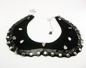 Artificial leather and metal staples Black Peter Pan Collar Necklace, Metal tiny hearts