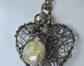 Antique Bronze Filigree Heart, Czech Picasso Teardrop & Bead Necklace UK Seller