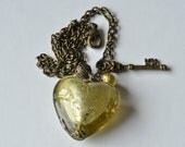 Olive Foil Glass Heart Pendant with key & bead charm necklace UK Seller