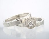 White Gold Diamond engagement ring and wedding band. Ring set with diamonds. Halo Engagement Ring. Millegrain. Modern. Wedding band set.
