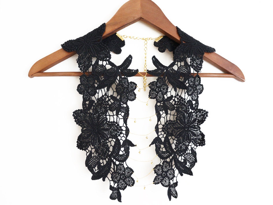 Arucia // Handmade Black Golden Beads Crochet Cotton Lace Collar Necklace Applique Blouse Accessories Bib Necklace