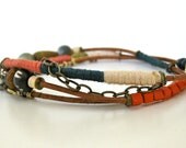 Coral, navy and ivory leather cord bracelet