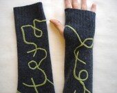 Navy arm warmers, upcycled fingerless gloves, made from a recycled navy wool sweater - embellished with a whimsical design in green wool