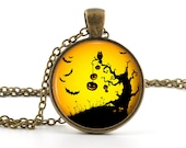 Halloween Pendant - Necklace - Halloween Jewelry - Spooky Owl Bats Pumpkins in Sunset Halloween Art - Gift Bag Included - BazingaJewellery