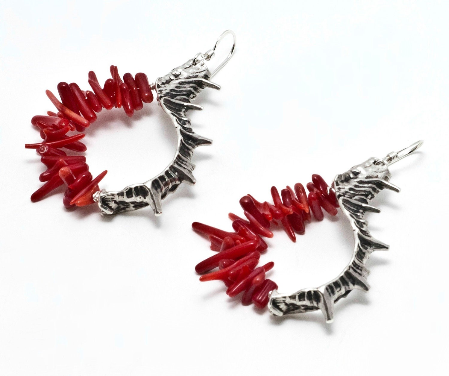 Silver spike earrings - Dangle Burgundy earrings - Dark red earrings - Edgy fashion jewelry