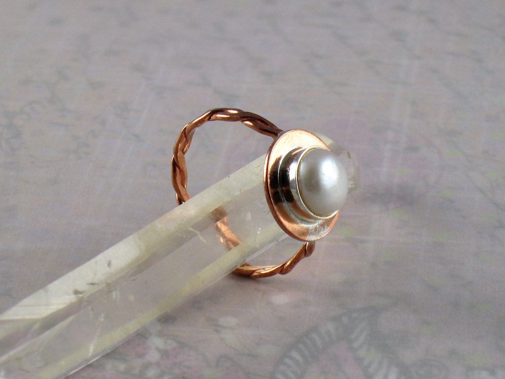 Freshwater Pearl Sterling Silver Bezel Rustic Solid Copper Ring Available in Size 8