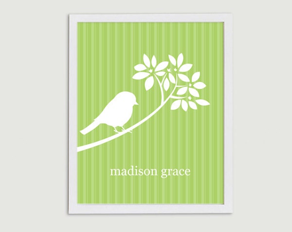Apple Green Bird Silhouette Personalized Baby Name Print - Nursery Art - 8x10