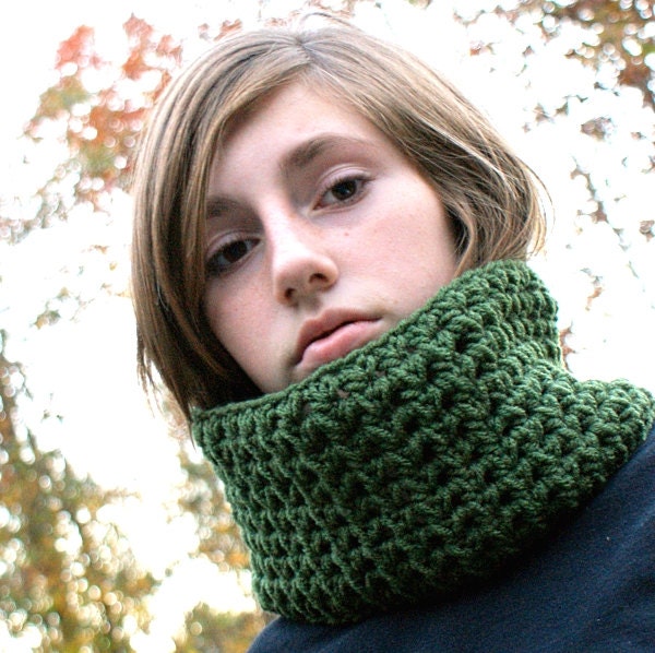 Green Crochet cowl circle scarf neck warmer women men children baby toddler pullover basic scarflette holiday winter fall spring