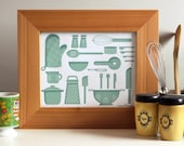 Kitchen Tools/Utensils - 8x10 Silkscreen Art Print Printed by Hand - Easy To Frame - Perfect Gift