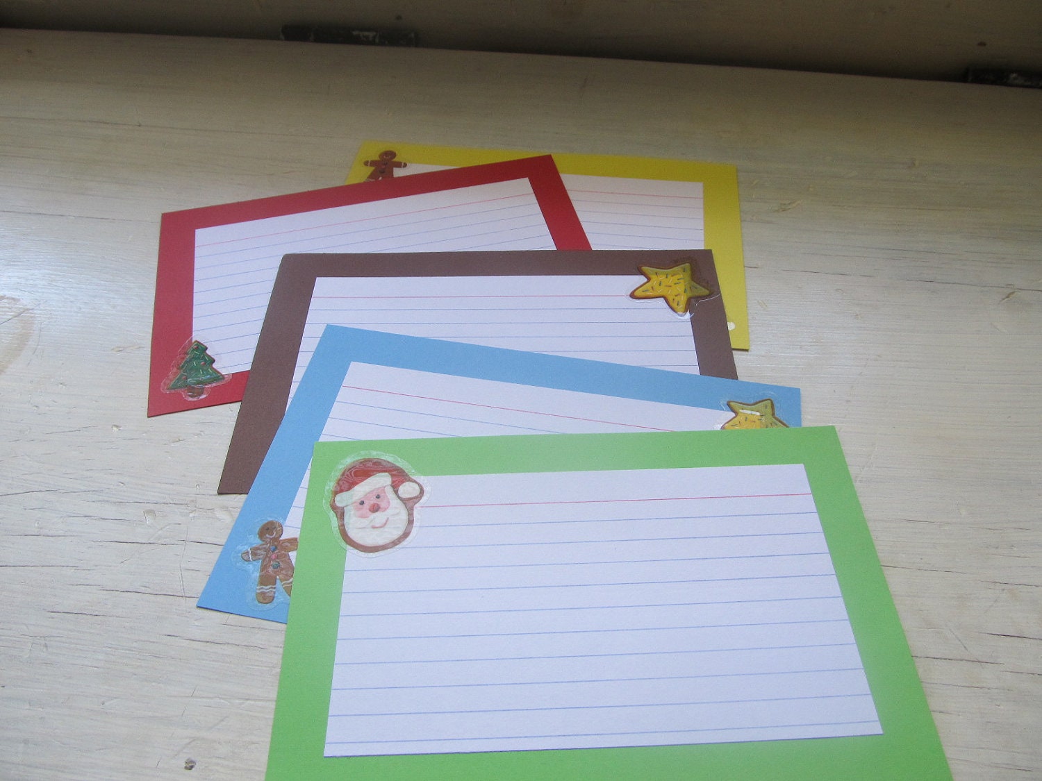 Journal Spot, Christmas Cookie Cards, Note Cards, Set of 5, Green, Dark Brown, Red, Yellow, Blue