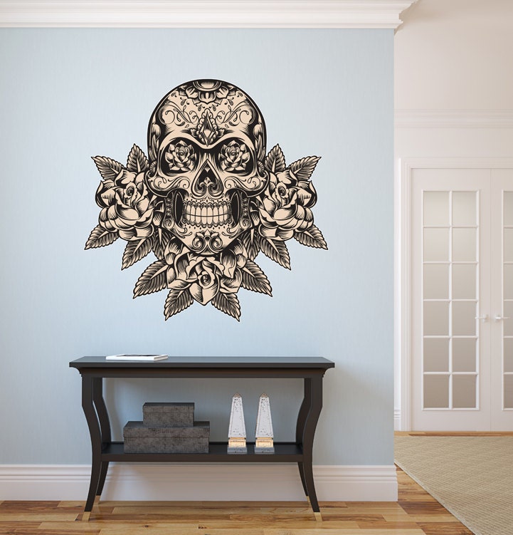 Mexican Sugar Skull Wall Decal with roses dia de los muertos Art Vinyl Wall Decal Graphics 33x33" Home Decor