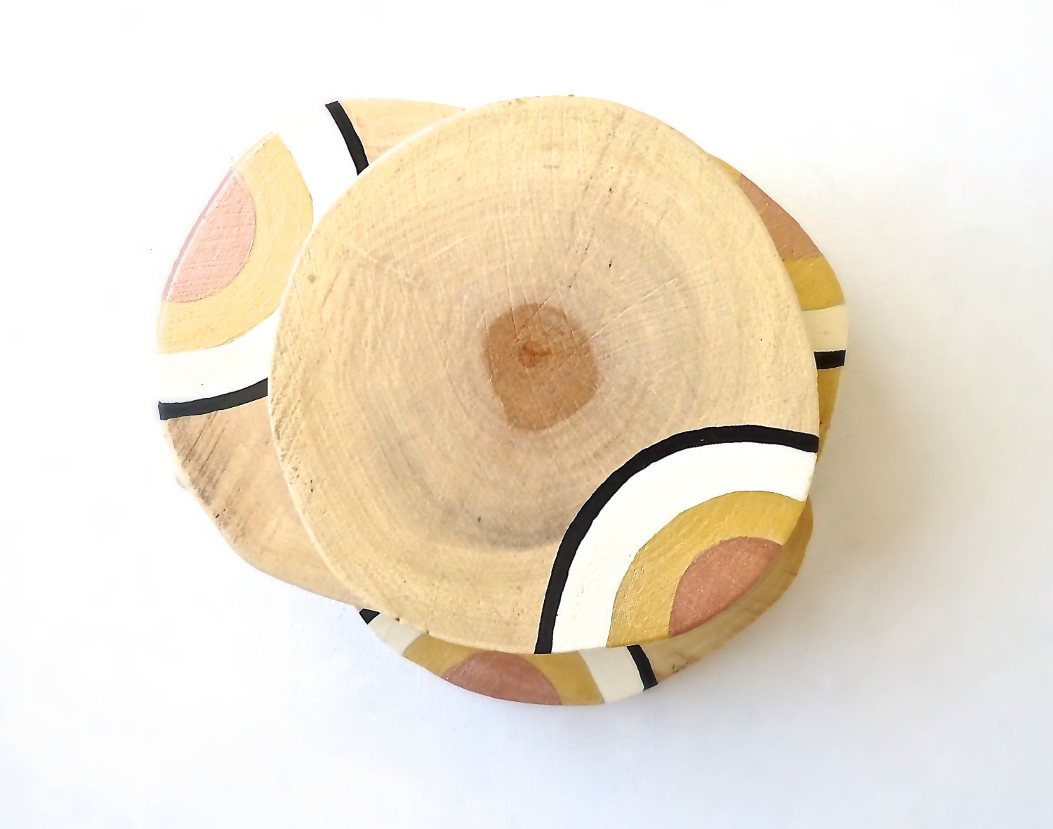 Modern Wood Coasters. Set of 4. Natural Home. Hostess Gift. Cabin Decor. Metallic Shapes.