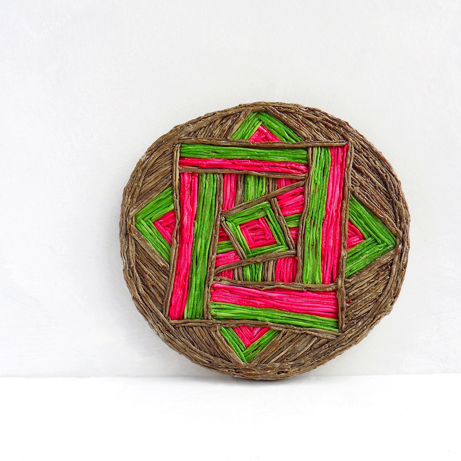 Beige geometric wall sculpture - wall hanging, abstract wall art, neon and beige round art tile, singed fabric sculpture