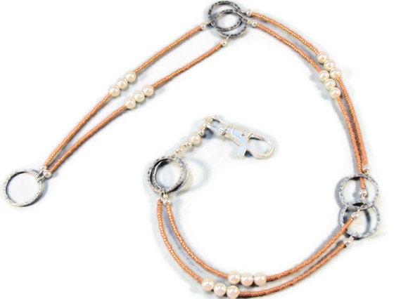 Beaded Lanyard id name badge, light copper, orange, peach