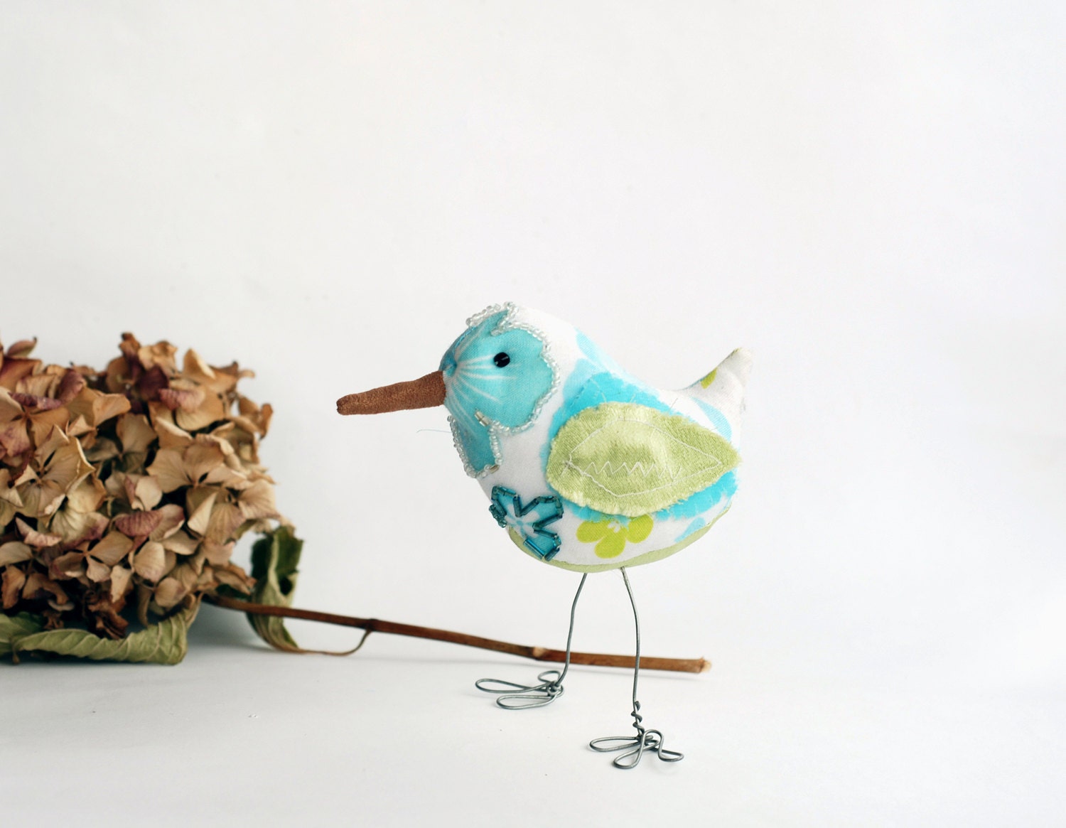Jane - Blue Aqua Green Bird, Soft Sculpture Textile Decor, Baby Nursery, Floral Print