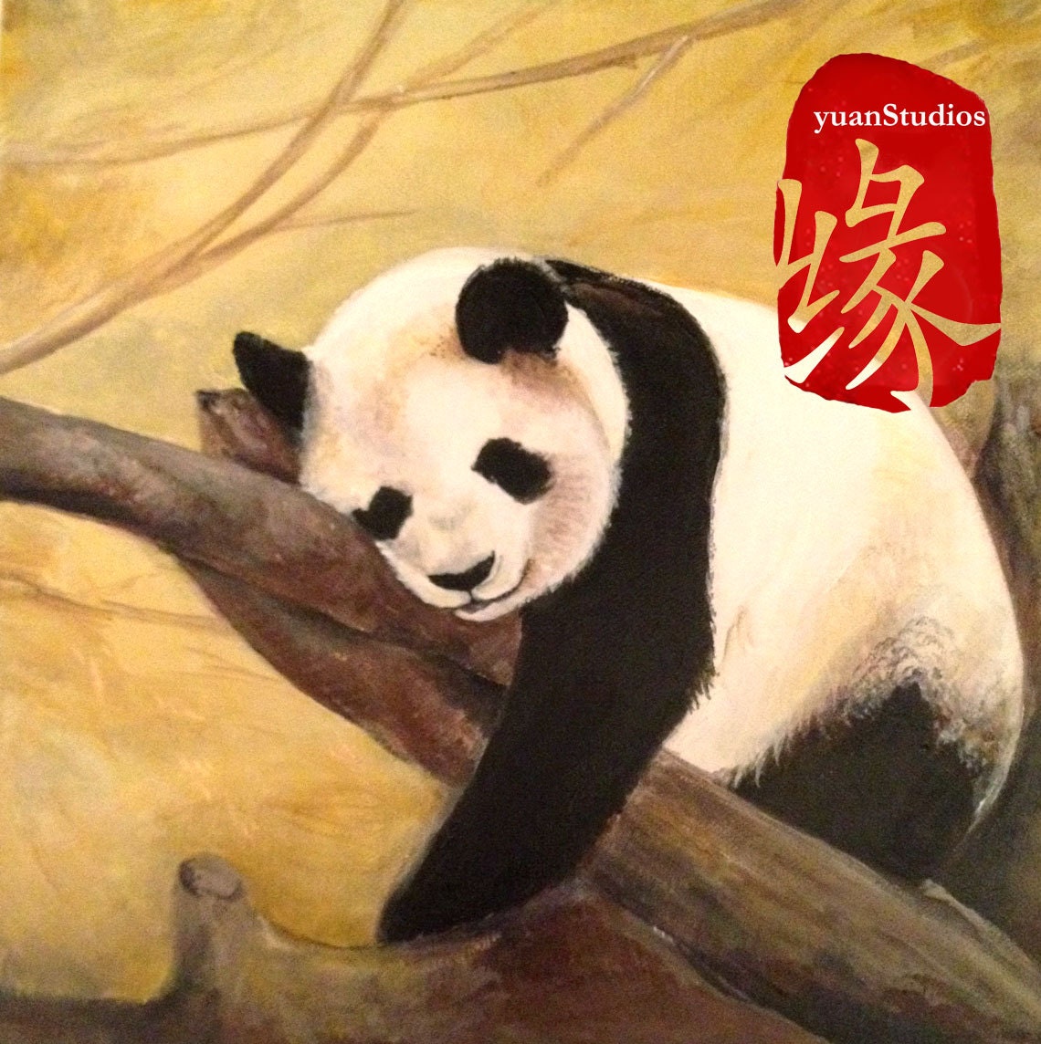 Original Acrylic Animal Fine Art Painting Bear Portrait on Gallery Canvas Titled: PLAYFUL PANDA 10x10x1.5" by Ms. Emily M.