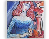 Portrait Painting of Woman Expressionism Russian Cubist art Erotica KSAVERA "Dolores" 16x16 Original Lady Girl Cubism Contemporary red blue