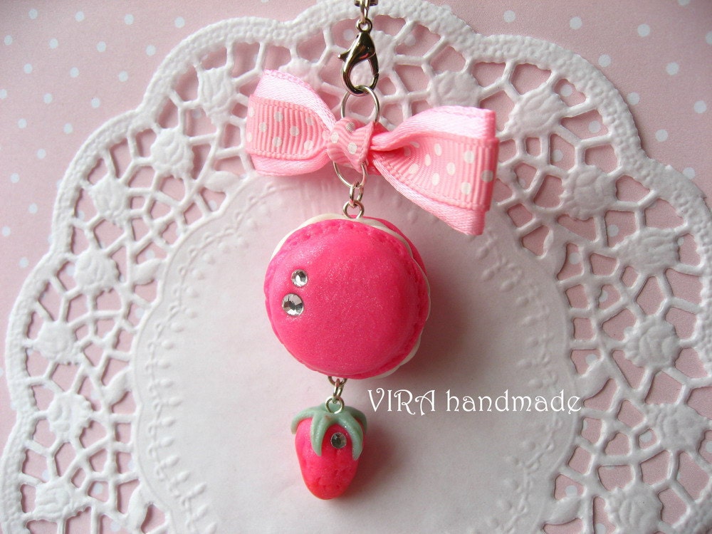 Kawaii cute french macaroon juicy pink strawberry bowknot lolita cell phone strap charm