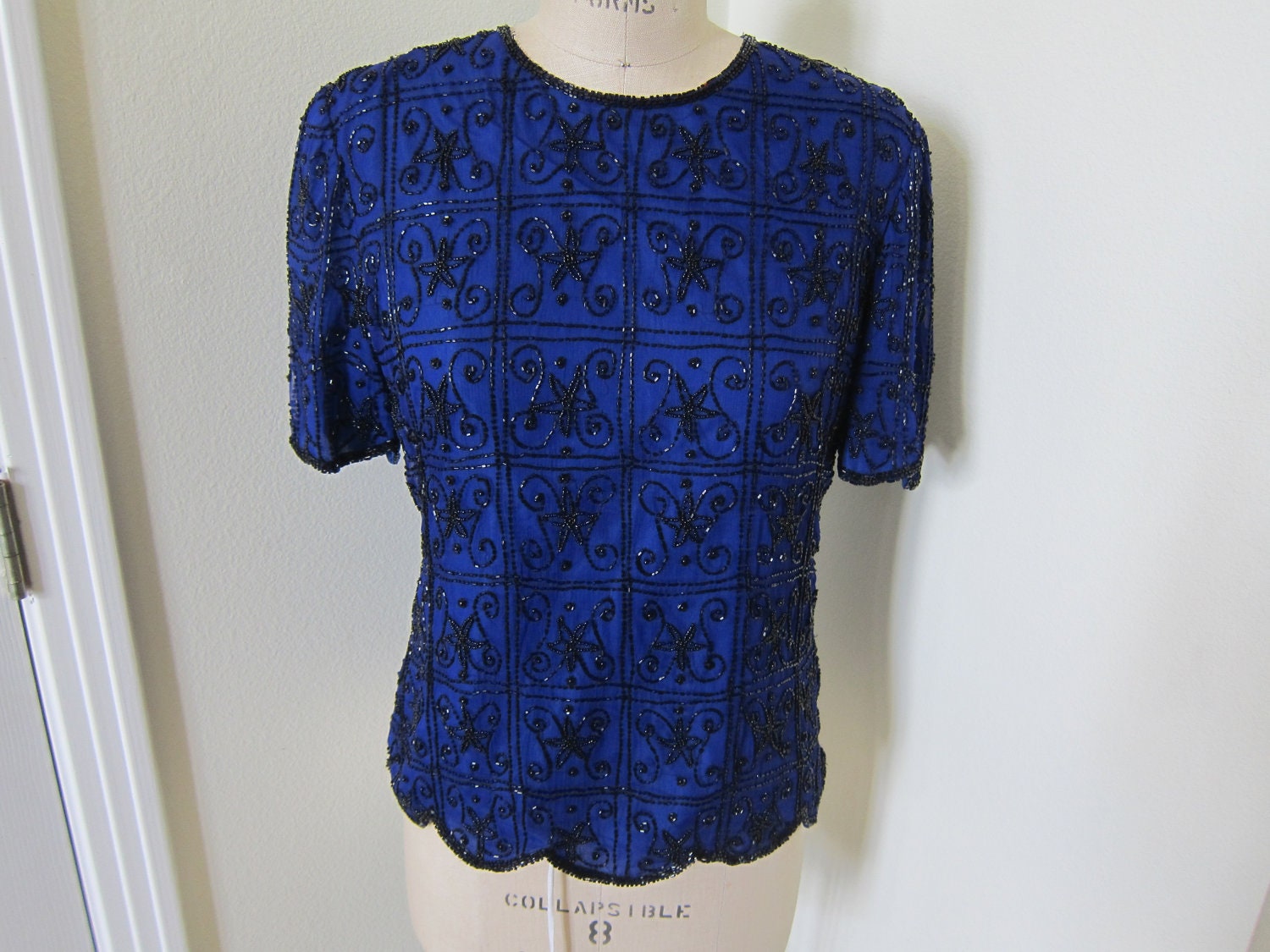 25% sale: Vintage Trophy Silk Beaded Sequin Blue and Black Top