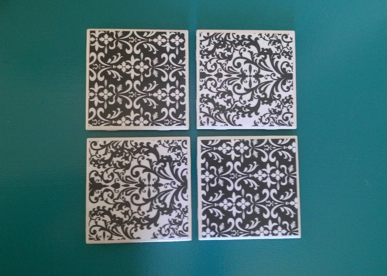 Black and White Damask - Set of 4 Coasters - Ceramic