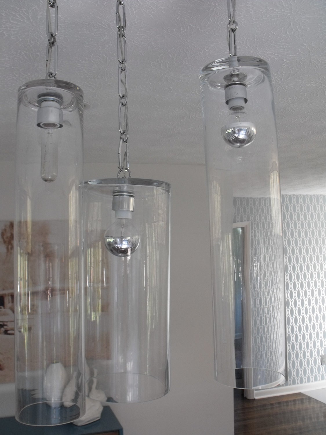 Modern Clear Glass Cylinder Chandeliers with a Unique Chrome Chain