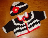Black White Red Baby Sweater and Hat Set Crocheted OOAK Red Heart Yarn 3 Month Size HandmadeYacketUSA