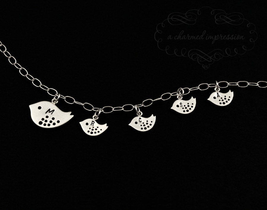 Personalized Mom Bracelet . Mommy Jewelry . Mother Baby Bird Charm Bracelet . Sterling Silver . Initials 4 Little Birds . MY LITTLE FLOCK