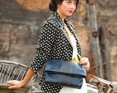 The "Midnight" Foldover Handbag - Navy Italian Leather with Black Stripes