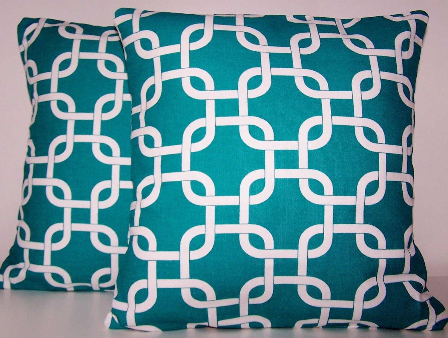 PILLOW COVER . Throw Pillow. Handmade Custom Modern Euro Sham Two 14 Inch Premiere Fabrics Turquoise White Dots Stripes Lattice