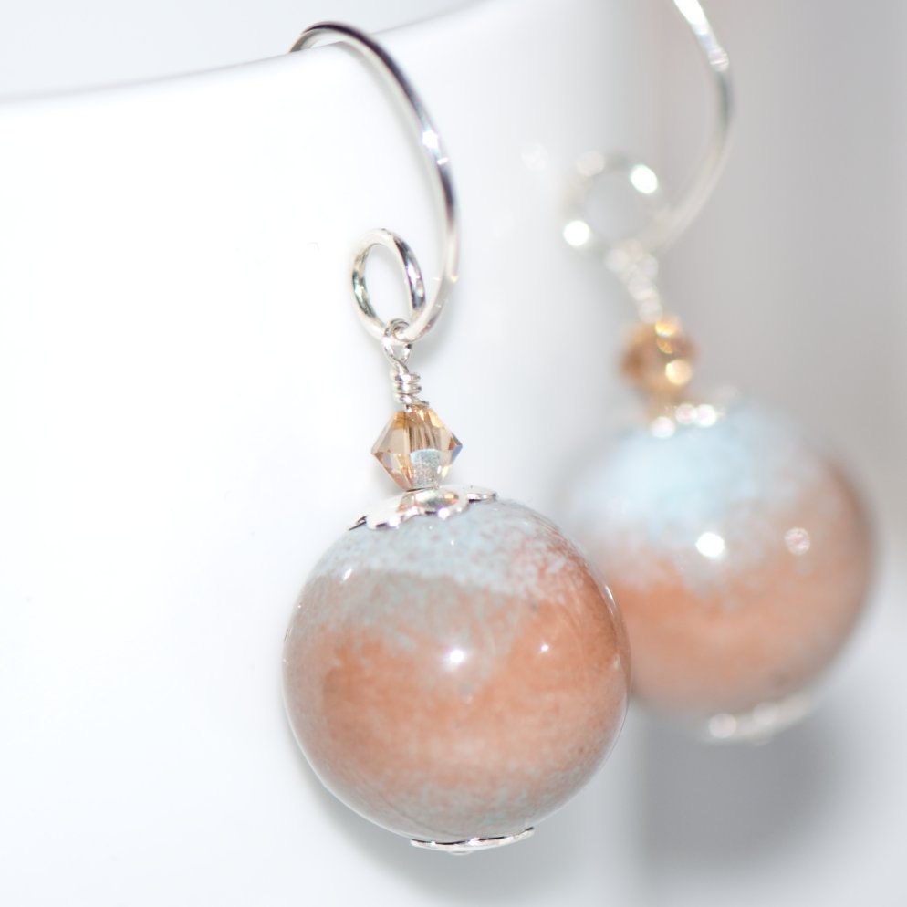 Bold Modern Bauble Earrings - Handmade Enameled Glass on Copper - Almond Pale Blue White - Swarovski Crystal - Sterling Silver Findings