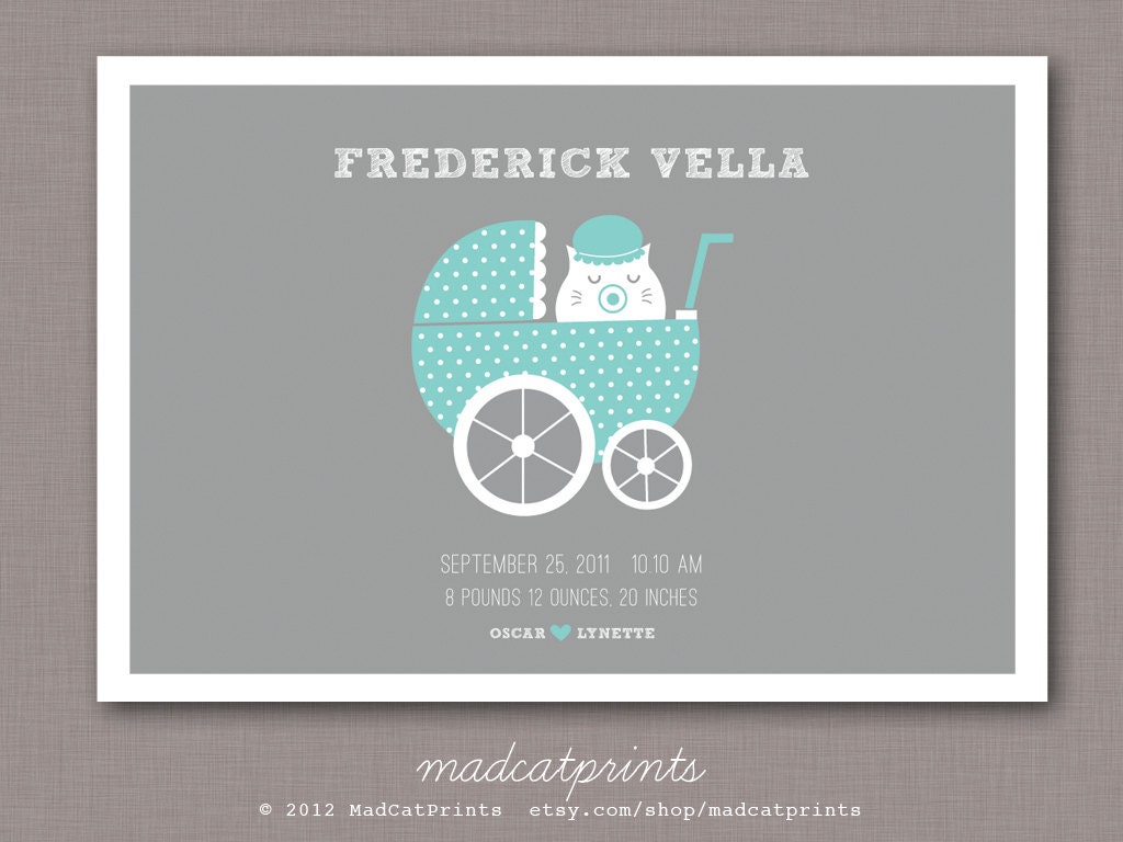Kitten in Vintage Pram Personalized Nursery Art Print