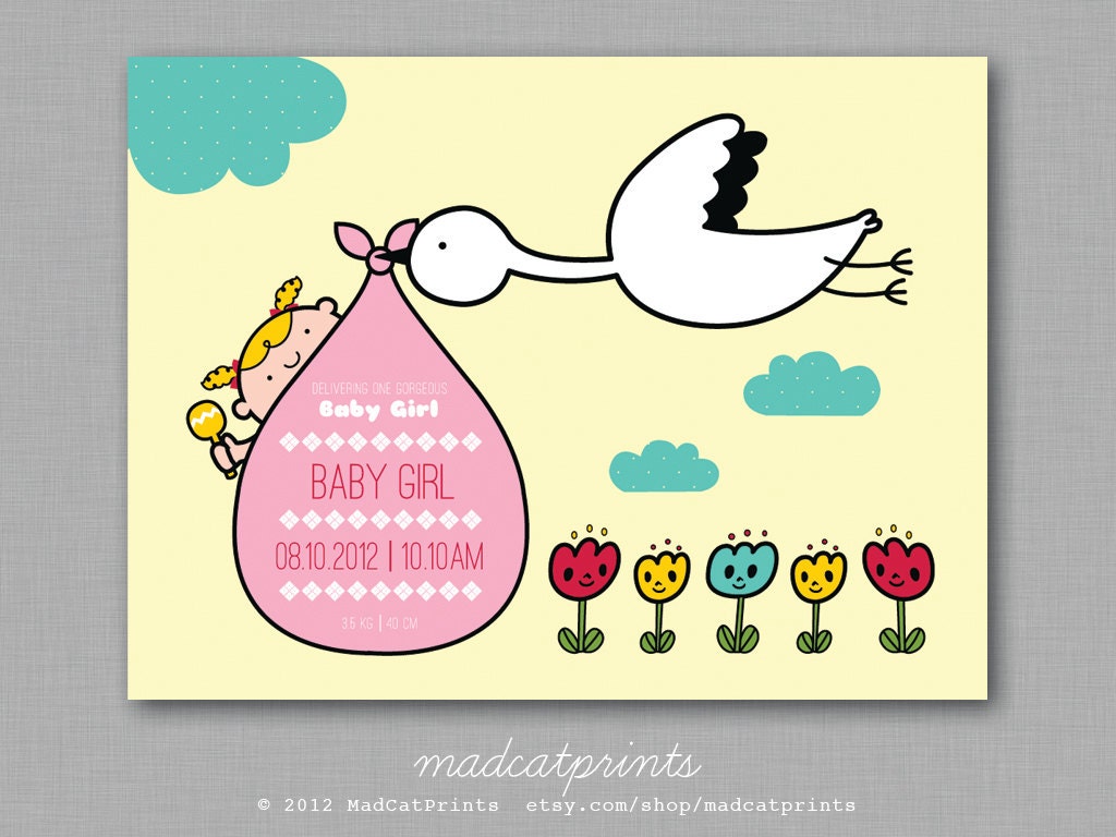Stork and Baby Bundle Personalized Nursery Art Print